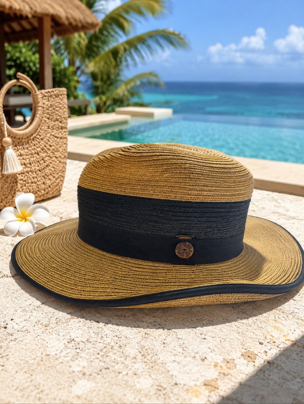 Scala Women’s Wide Brim Straw Sun Hat Black Band Resort Boho One Size